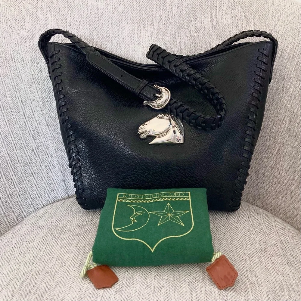 Kieselstein Cord Whipstitched  Black Leather Hobo Bag Silver Horse